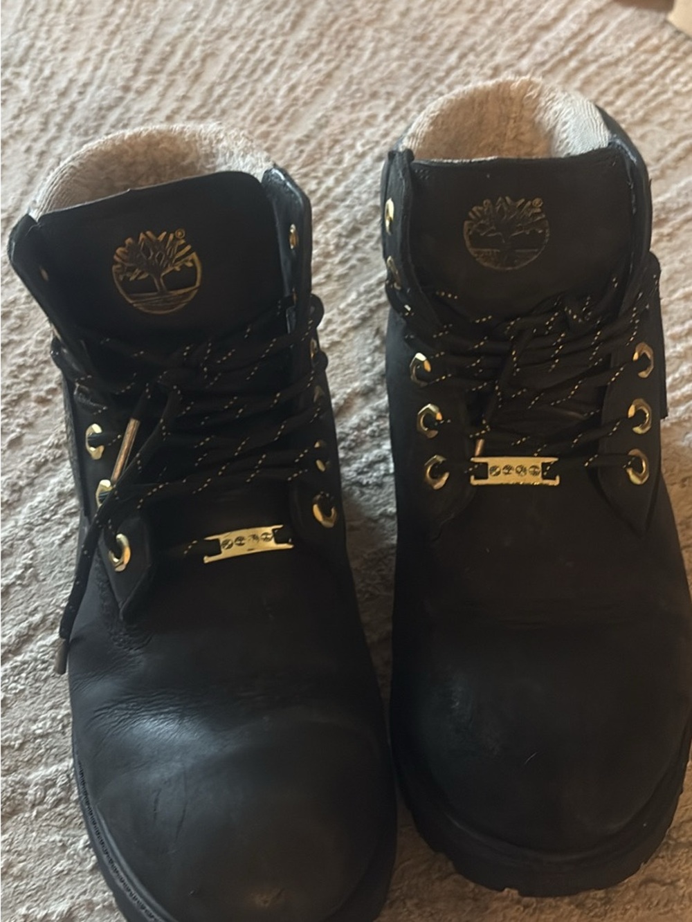 Timberland Black Leather Lace-Up Ankle Boots with Gold-Tone Accents